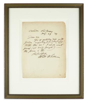 WHITMAN, WALT. Autograph Letter Signed, to the Editor of Harpers New Monthly Magazine (Dear Sir),